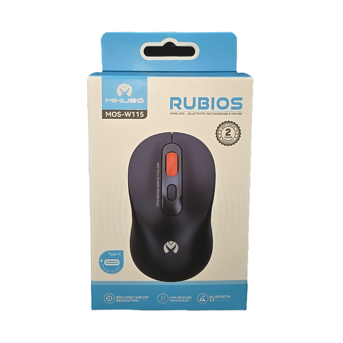 بستهبندی اصلی موس بی سیم میکاسو RUBIOS MOS-W115 با بلوتوث ۵.۲ و شارژ تایپ سی